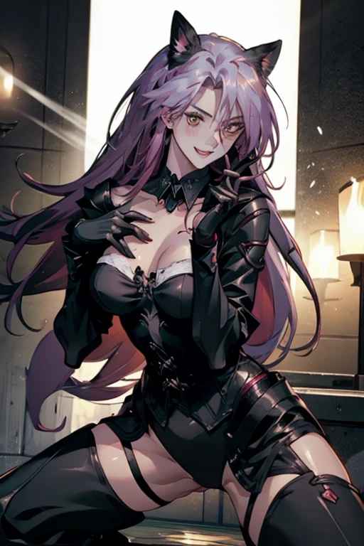 White hair，银发White hair女孩, Standing,  hands on the waist , Facing the camera,  Perfect chest ,  pretty face , Long hair,  Seductive expression, Smile, choker:1.6, ( Black Neckline Button Long Sleeve Shirt), Black gloves,  Long gloves that cover your hands , ( black leather corset ), ( shiny black leggings ), Sexy lips,  reveals details in her eyes ,  watching the audience, Elegant living room , At night，Shirt raised ,  show off your chest ,  Not wearing，Indecent clothing，Leaking front chest ，Realism，nude， can see cleavage，Wear a black ， whiter hair ，I have a cigarette in my hand，White cat ears，Open mouth，Stick out your tongue，blush，Spread your legs，Squat，whole body