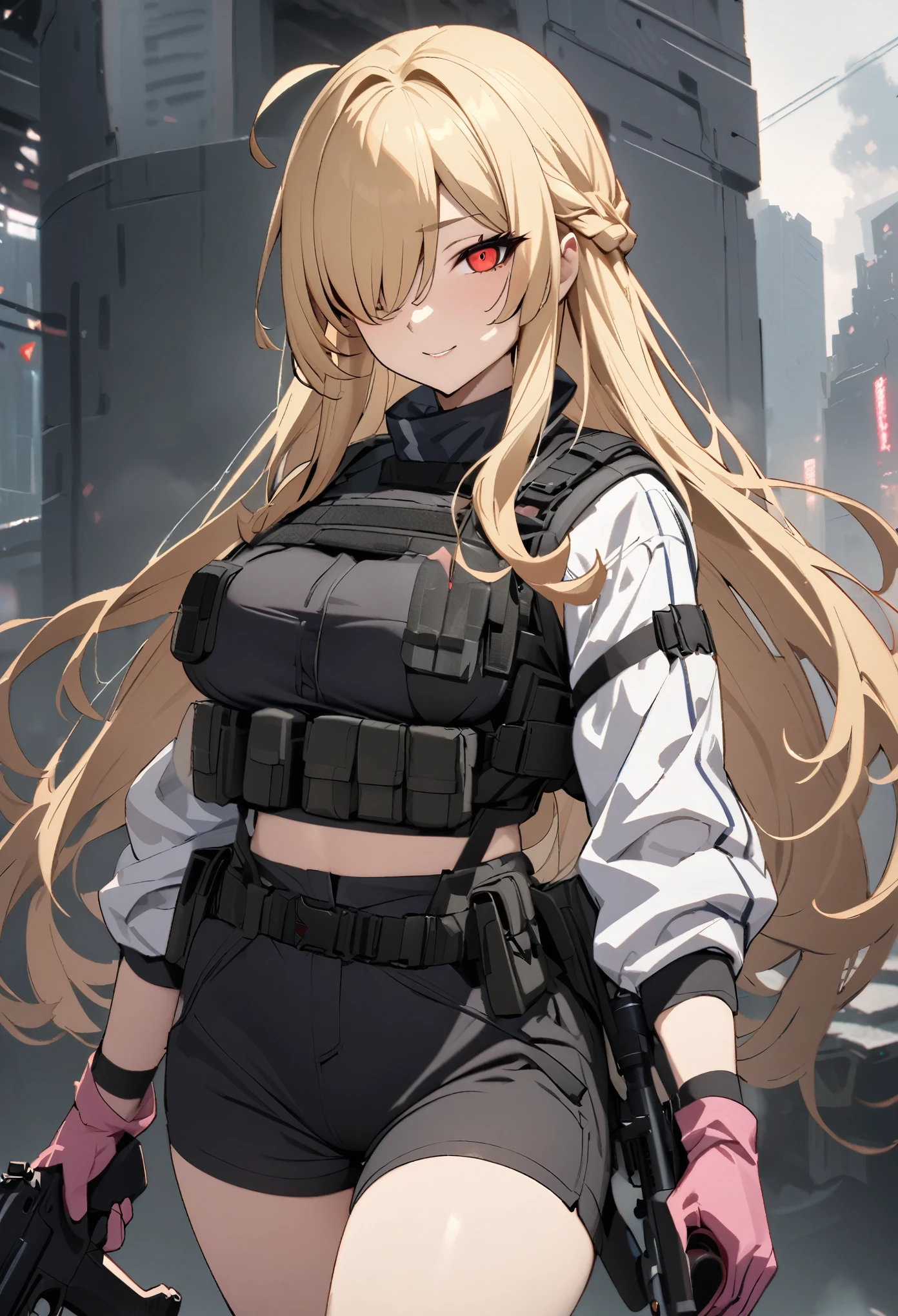 (high-quality, breathtaking),(expressive eyes, perfect face) 1girl, female, solo, mature, half open eyes, Alicization, Symmetrical Eyes, simple background, seductive smile, long hair, SAO inspired, maomao, armor, cowboy shot, medium full shot, light blonde hair, bangs, alluring red eyes, large breasts, hair between eyes, fluffy hair, half open eyes, hair over one eye, small Ahoge, pale blonde hair color, bright red eye color, straight hair, (NO braids in hair), belt, Gun Gale Online, (Black shorts), bulletproof vest, gun holsters, military, light pink combat gloves, pistol, (white modern military combat suit), dark grey tactical vest, tech wear, security equipment, cyberpunk