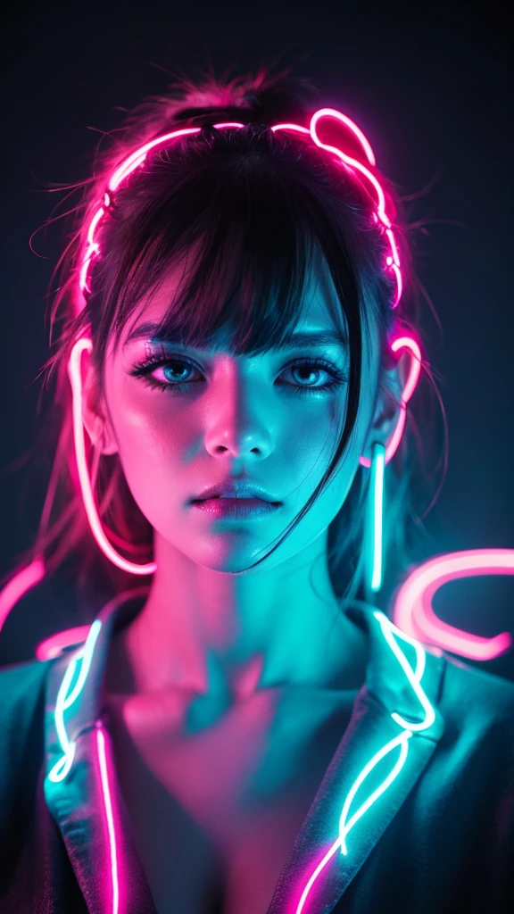 fashion portrait color photograph, woman, neon lights 