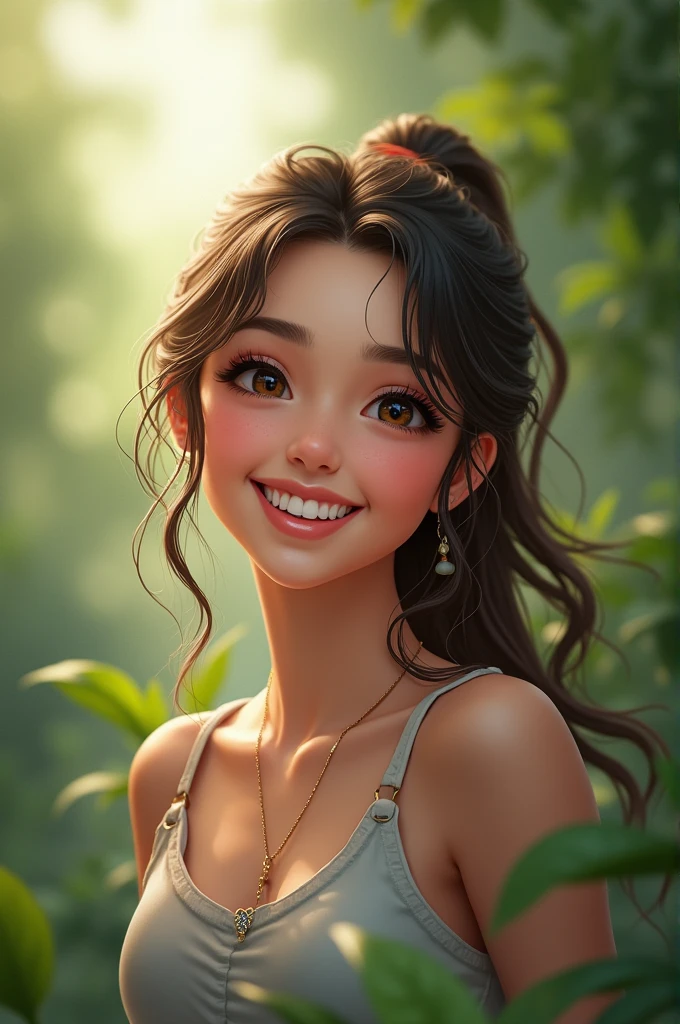 A very beautiful girl happily bathing near a clear and fresh waterfall Pink skin Blue eyes Dark hair Detailed face Detailed body Realistic model Highly detailed natural landscape Cgi 8k resolution  