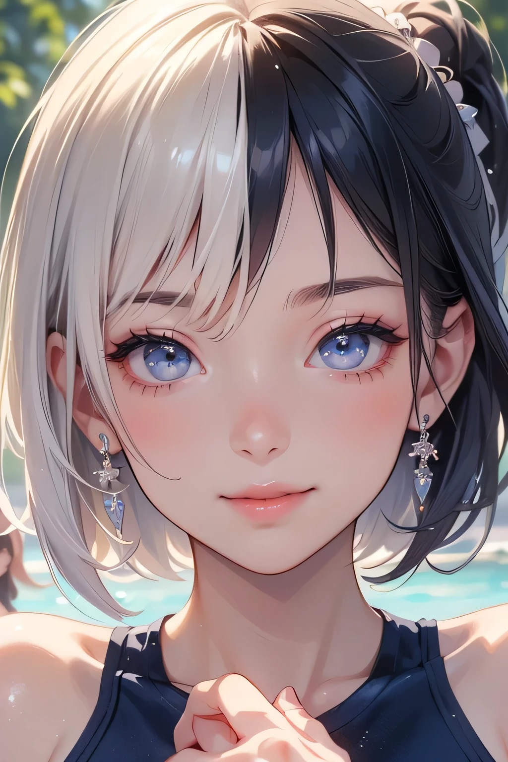 Silver Hair、short hair、albino、Odd Eye、20-year-old、Second year university student、Kind woman、Docile woman、smile、Polka dot bikini、Hawaii Beaches、A photo of me with my boyfriend, who is a slender, muscular, handsome guy.