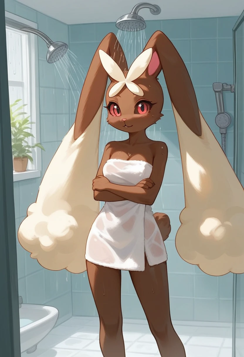 alone, score_9,score_8_up,score_7_up, rating_safe, anthro female lopunny, wrapped in towel, shower, standing.