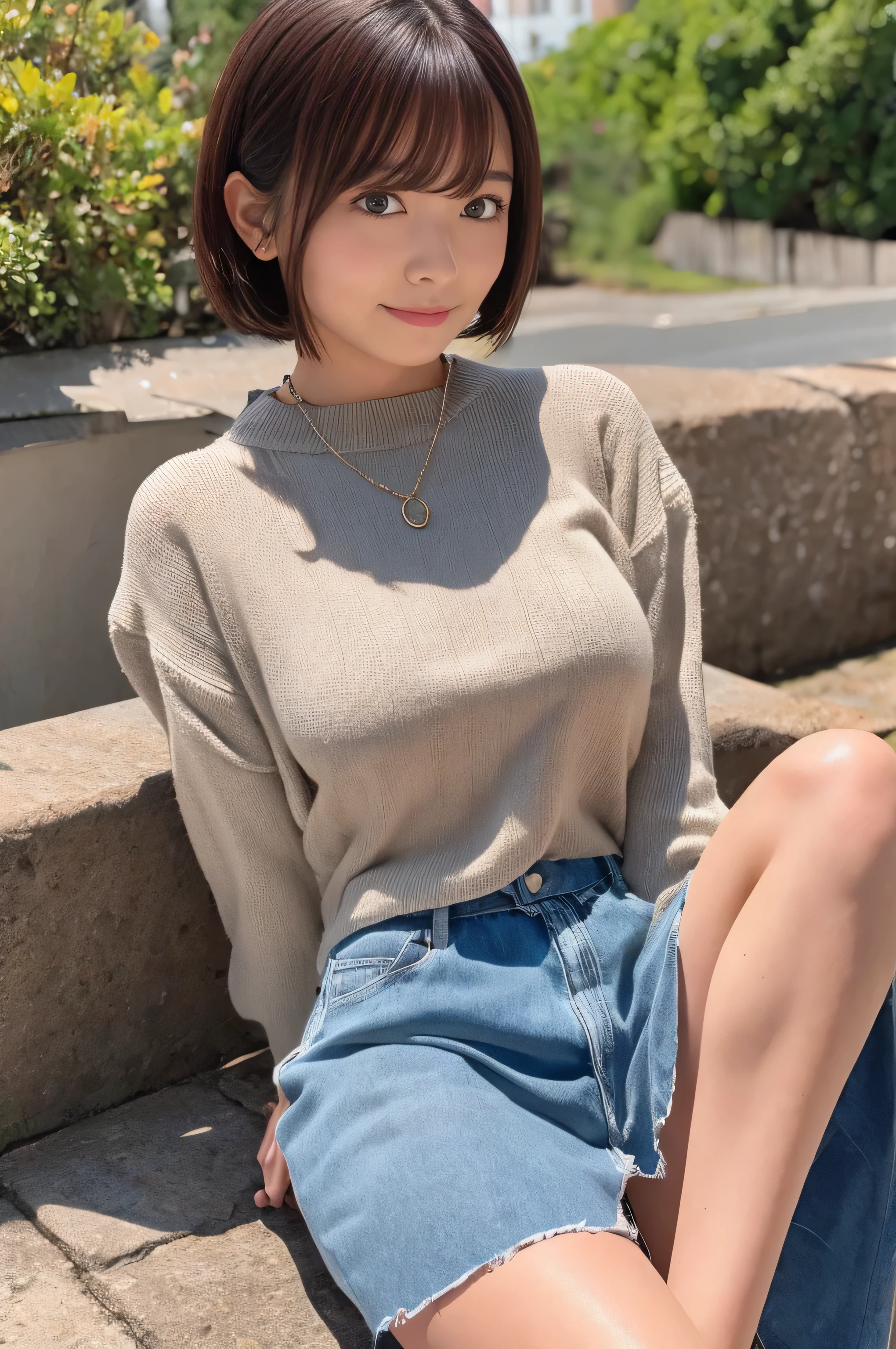 (Best Quality, 8k, 32K, masterpiece, Ultra-high resolution:1.2), pictures of beautiful Japanese women, Large Breasts,  short bob hair, upper body,Face Focus,Extra Large_sweater, necklace, Outdoor Background, From above,  viewers,
