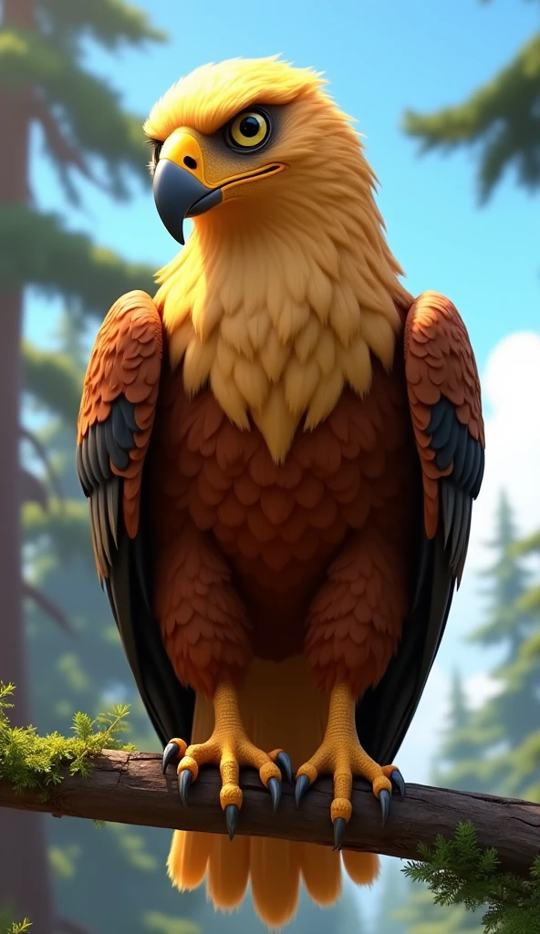 In cinematic 3d cartoon style"Below, a large, majestic eagle lies on the ground, looking weak and in need of help