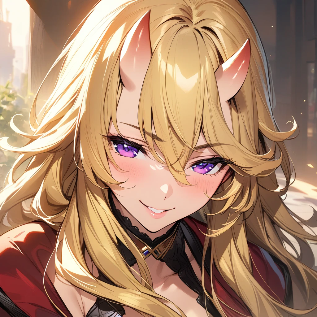 (masterpiece),(best quality),(ultra-detailed),(best illustration),(best shadow),(absurdres),(detailed background),(very aesthetic), francis(taimanin), blonde hair, long hair, purple eyes, seductive smile, oni horns, close-up, portrait, upper body view,