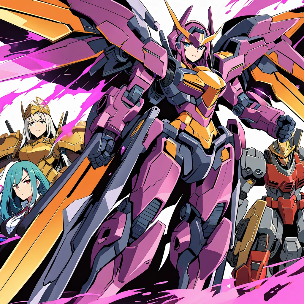 Anime, high detailed, multiple womans, mature womans, shiny-like mecha armor, large mechanical wings, large Gauntlet, serious, curvy body, long mechanical wings, mecha weapons、Colored armors、magenta Colored aura、BLUE Eyes, elongated pupils,  Mature Woman、magenta aura、womans surrounding, background a crumbled city