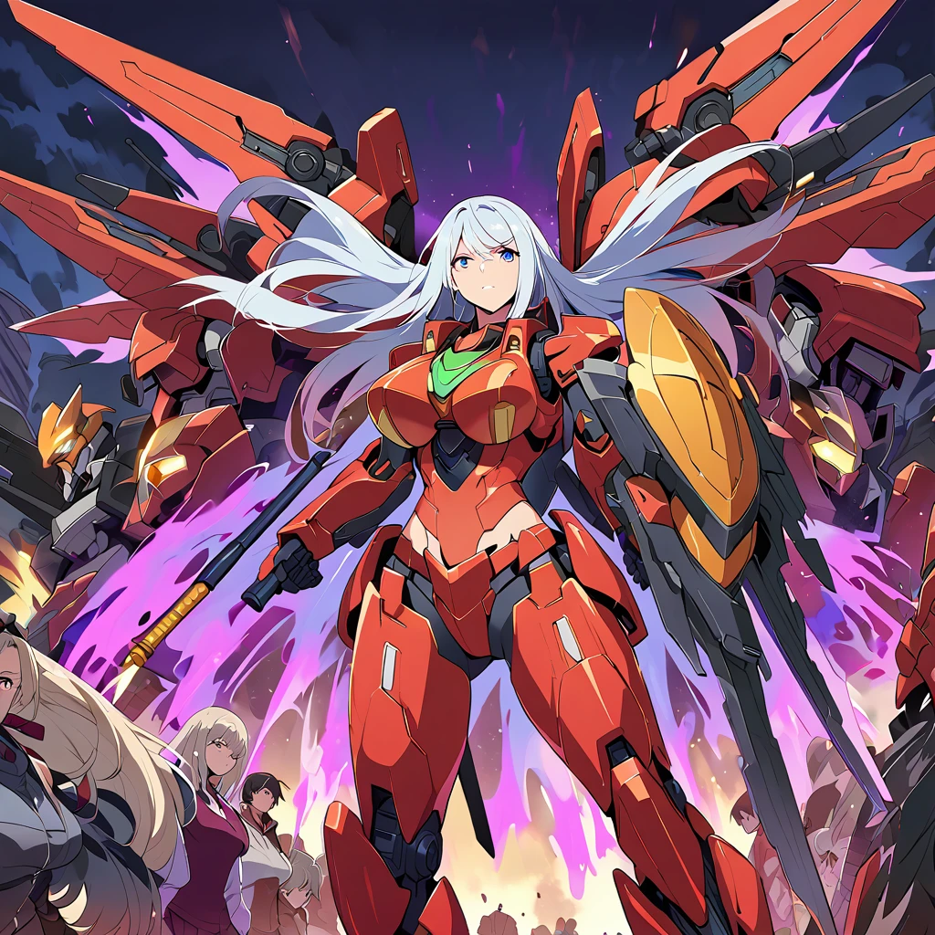 Anime, high detailed, multiple womans, mature womans, shiny-like mecha armor, large mechanical wings, large Gauntlet, serious, curvy body, long mechanical wings, mecha weapons、Colored armors、magenta Colored aura、BLUE Eyes, elongated pupils,  Mature Woman、magenta aura、womans surrounding, background a crumbled city