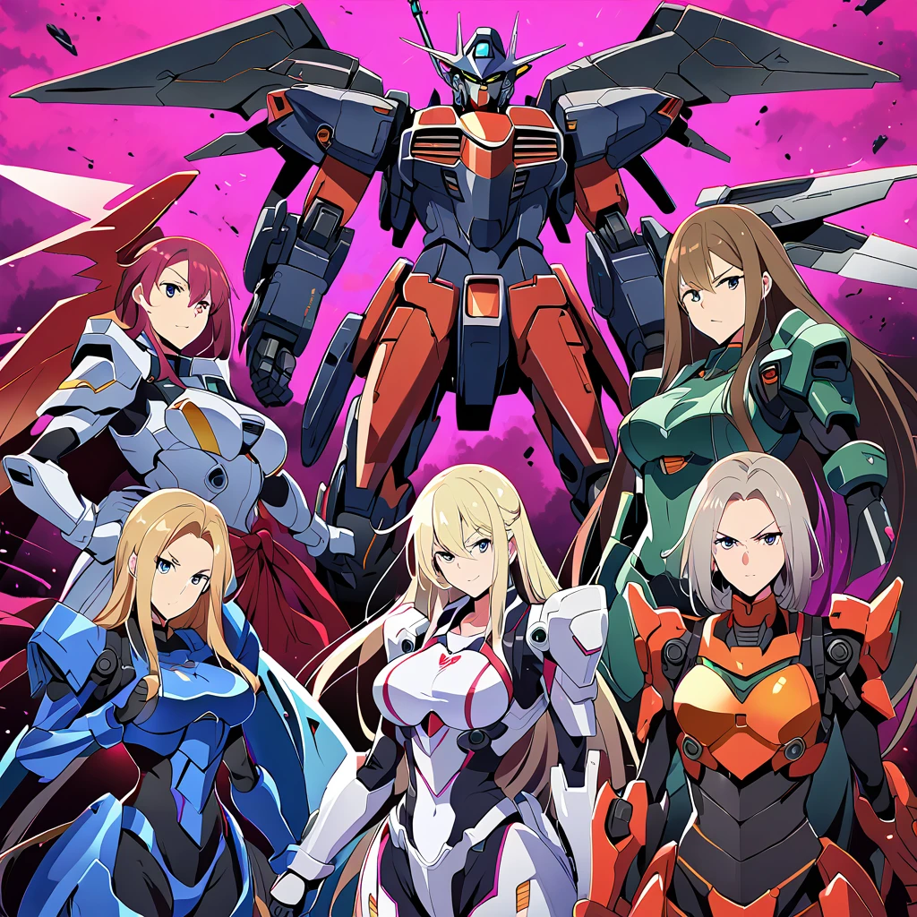 Anime, high detailed, multiple womans, mature womans, shiny-like mecha armor, large mechanical wings, large Gauntlet, serious, curvy body, long mechanical wings, mecha weapons、Colored armors、magenta Colored aura、BLUE Eyes, elongated pupils,  Mature Woman、magenta aura、womans surrounding, background a crumbled city