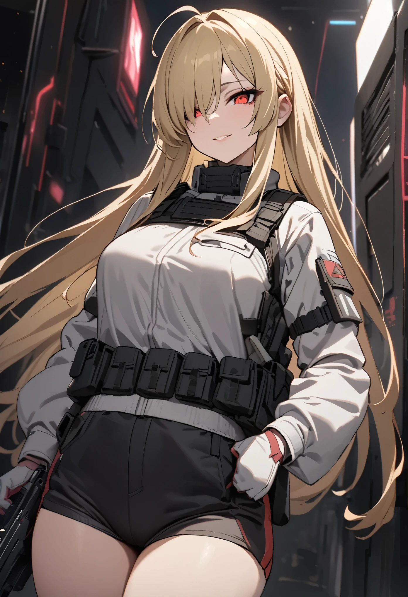 (high-quality, breathtaking),(expressive eyes, perfect face) 1girl, female, solo, mature, half open eyes, Alicization, Symmetrical Eyes, simple background, seductive smile, long hair, SAO inspired, maomao, armor, cowboy shot, medium full shot, light blonde hair, bangs, alluring red eyes, large breasts, hair between eyes, fluffy hair, half open eyes, hair over one eye, small Ahoge, pale blonde hair color, bright red eye color, straight hair, (NO braids in hair), belt, Gun Gale Online, (Black shorts), bulletproof vest, gun holsters, military, light pink combat gloves, pistol, (white modern military combat suit), dark grey tactical vest, tech wear, security equipment, cyberpunk