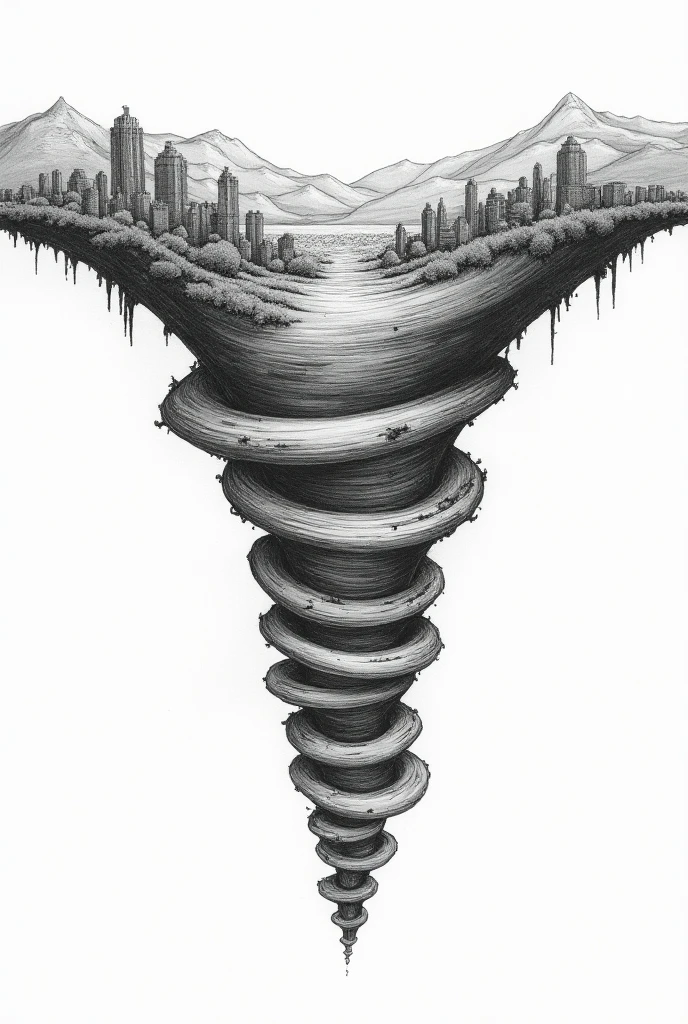 "Simple pen drawing of an upside-down world, where the horizon is reversed, and the landscape is twisted into a swirling vortex. Buildings, trees, and mountains are being pulled into the spiral, creating a sense of chaos and inversion. The vortex stretches downward like a whirlpool, distorting everything in its path. Minimalist pen lines emphasize the extreme motion and the disorienting nature of the scene. The composition captures the tension between order and disorder, as the world is turned upside down in a dramatic, surreal twist."

