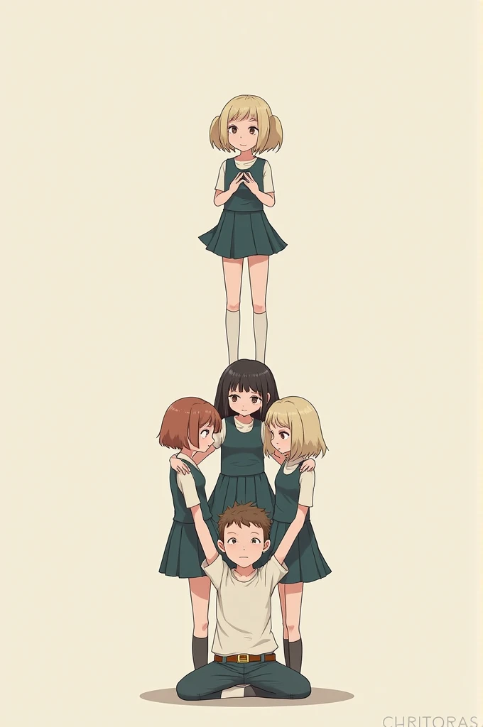 Pink Hair、Elementary school girl、School Swimsuit、5People are lining up、Blushing、smile