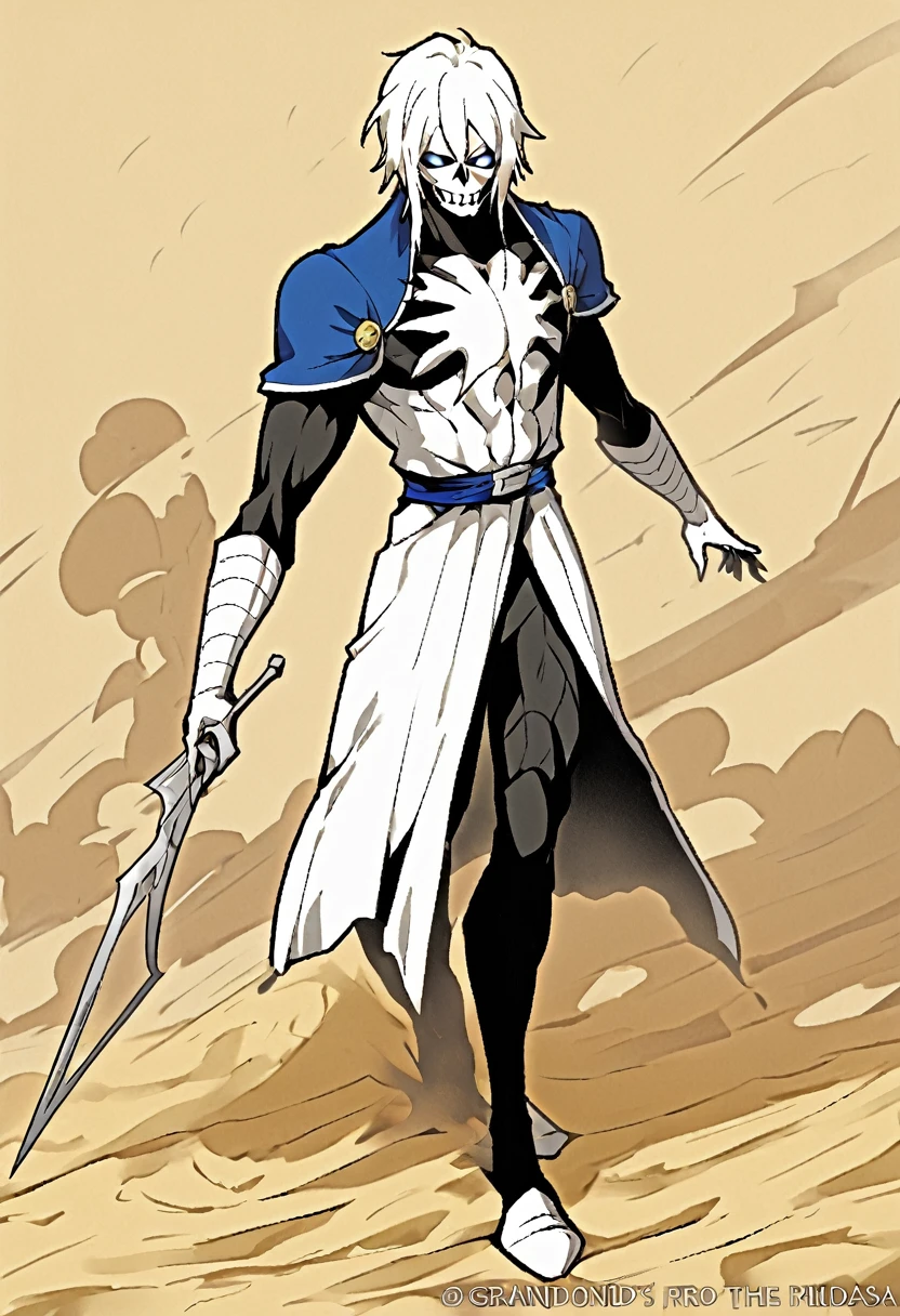 Appearance: Sandman's appearance in the Bleach universe would be similar to his appearance in the Marvel comics, however, with some modifications to adapt to the visual style of Bleach. He would have a black and white uniform similar to the other Espada, with an emblem of the tenth Espada on his chest. His hair would be made of sand and his body would have a grainy texture, high definition 8k