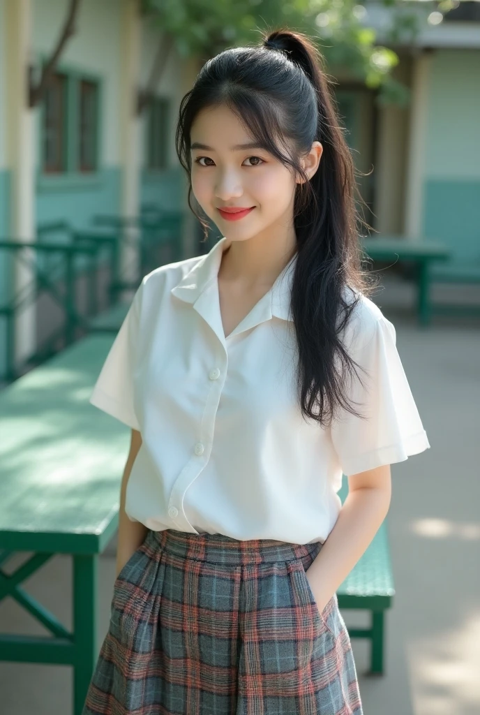 (best qualtiy),(extreme hight detail),Fine painting,Unique painting style,The light and shadow are real,Rembrandt lighting,ultra HD picture quality,Gorgeous masterpiece,Chinese girl,Long black hair,Bright smiley face,White Skin Skin,Red thin tongue,Sideways posture,JK school uniform,A gentle breeze,Open the wooden door,On the steps,Sunny and sunny,with blue sky and white clouds,Pastoral farm。
