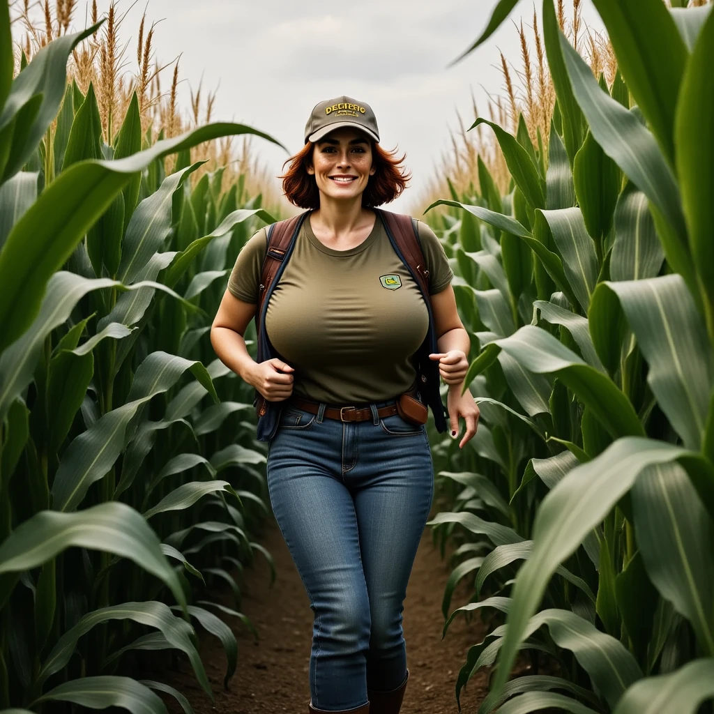 Photorealistic, cinematic style, low angle picture of a beautiful British woman walking in a cornfield between rows of tall corn. (Dynamic pose: 1.5), she is smiling. She has Brown eyes, downturned eye shape, light skin and freckles, reddish-brown hair. She's wearing a olive green t-shirt with a university logo.  Baggy stonewashed jeans, green rubber boots. John Deere Trucker cap.  The corn stalks are rising high on all sides of her, impenetrable green corn. ((Theme colour is green)). perfect hand,HDR, intricate details ,