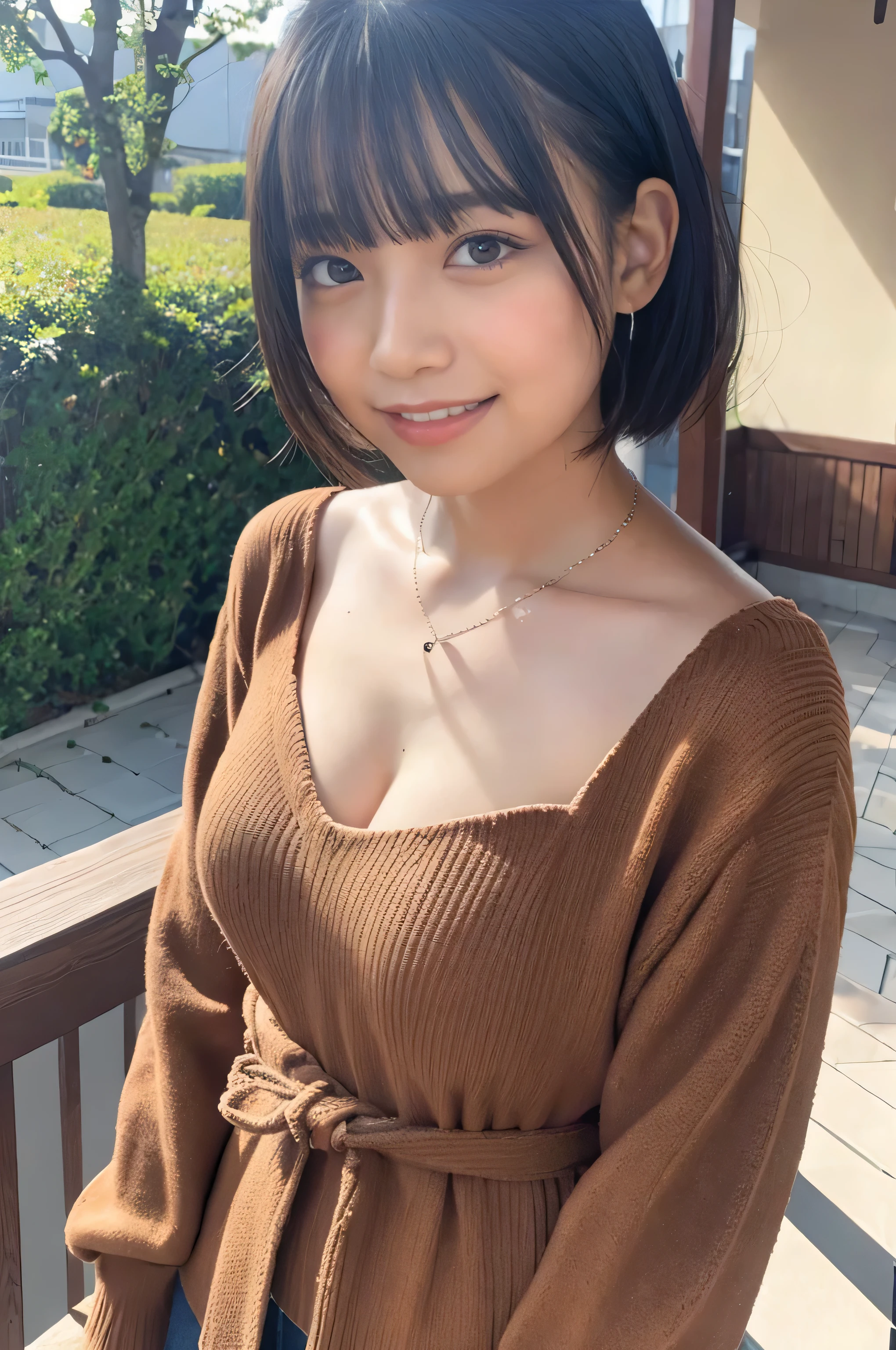 (Best Quality, 8k, 32K, masterpiece, Ultra-high resolution:1.2), pictures of beautiful Japanese women, Large Breasts,  short bob hair, upper body,Face Focus,Extra Large_sweater, necklace, Outdoor Background, From above,  viewers,