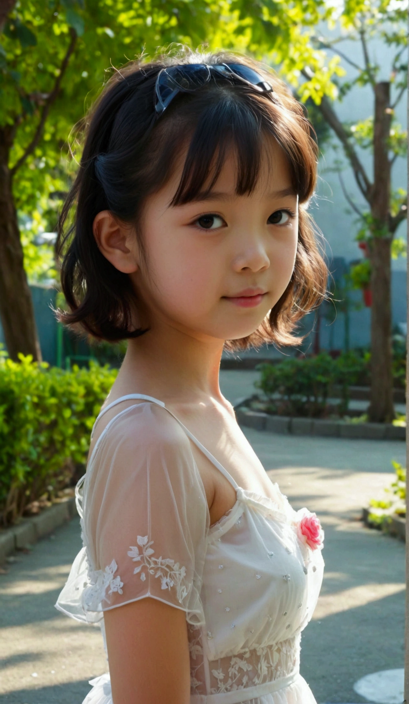 Prettiest ((pre-teen)) girl, the cutest ((pre-teen)) asian girl, sweet young girl on the schoolyard, relaxing, age 9 with beautiful small-budding breast, pale skin, juveniles physique, charming adolescents girl, wear white ((transparent)) camisole dress that show off her unique cuteness, full-body shot