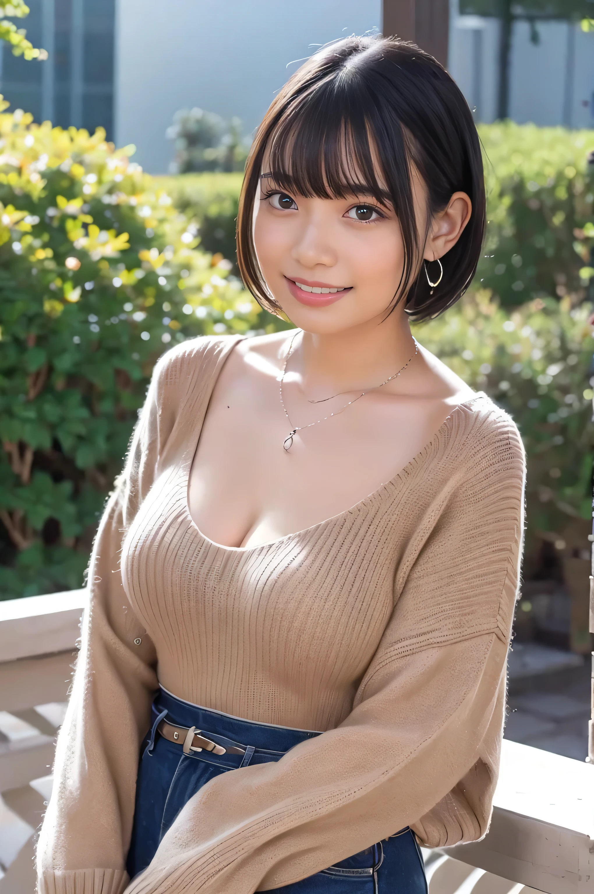 (Best Quality, 8k, 32K, masterpiece, Ultra-high resolution:1.2), pictures of beautiful Japanese women, Large Breasts,  short bob hair, upper body,Face Focus,Extra Large_sweater, necklace, Outdoor Background, From above,  viewers,