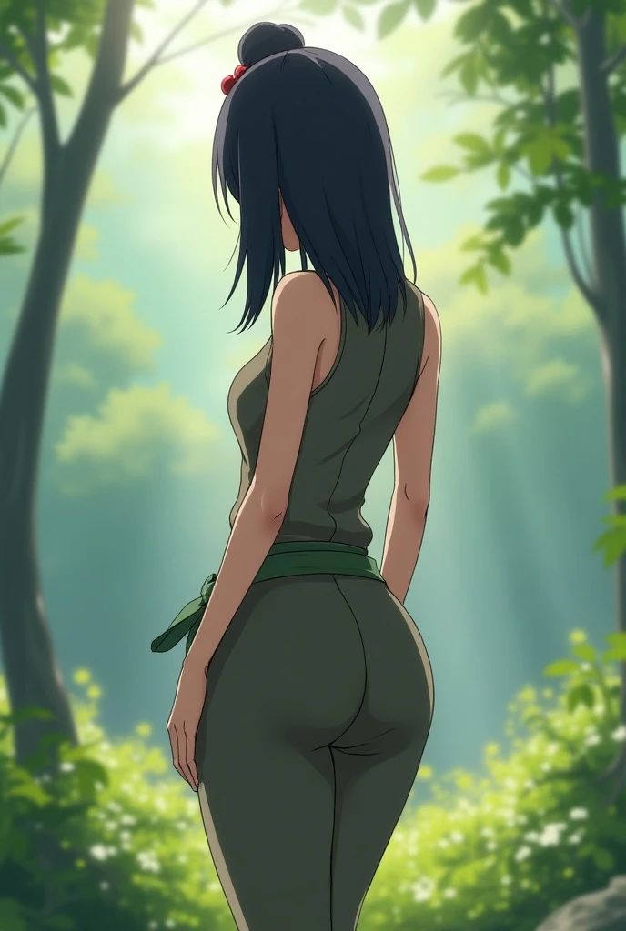 Hinata hyuga naked (nude)(crouched) of the Naruto series, with his characteristic blue-black hair and ninja clothing, is in the forest.  the scene is framed by a lush natural environment, with trees and dense vegetation. The style must be anime.