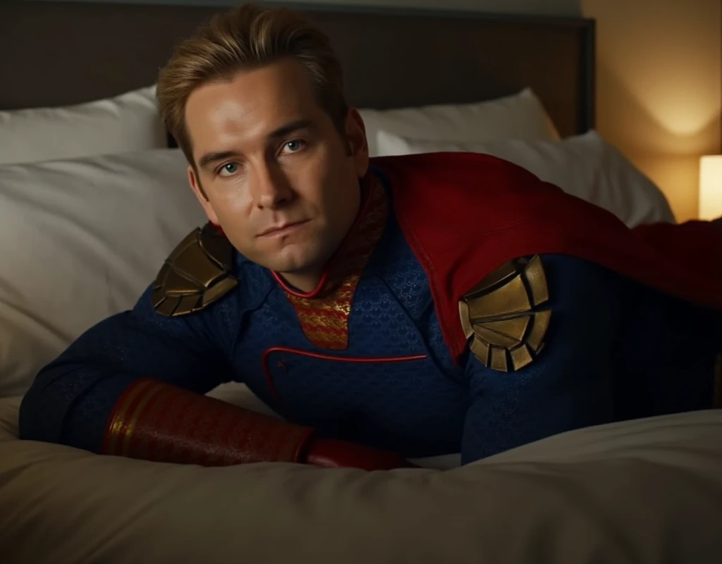 Homelander wearing a superhero outfit with a cape is lying on a bed looking seductively into the camera