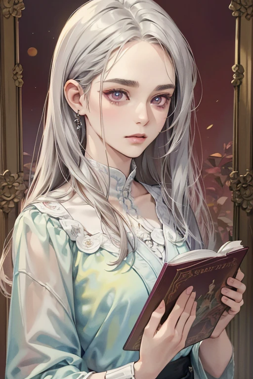 (pink clothing), Cute 18 yo (albino:1.4)woman of Slavic descent.(short:1.1), , long white hair, gray eyes, ((very pale:1.4)). Innocent look. Gentle spirit.(virgin), (sad:1.2),. eyeglasses, Lace camisole, pajama pants. Reading book.