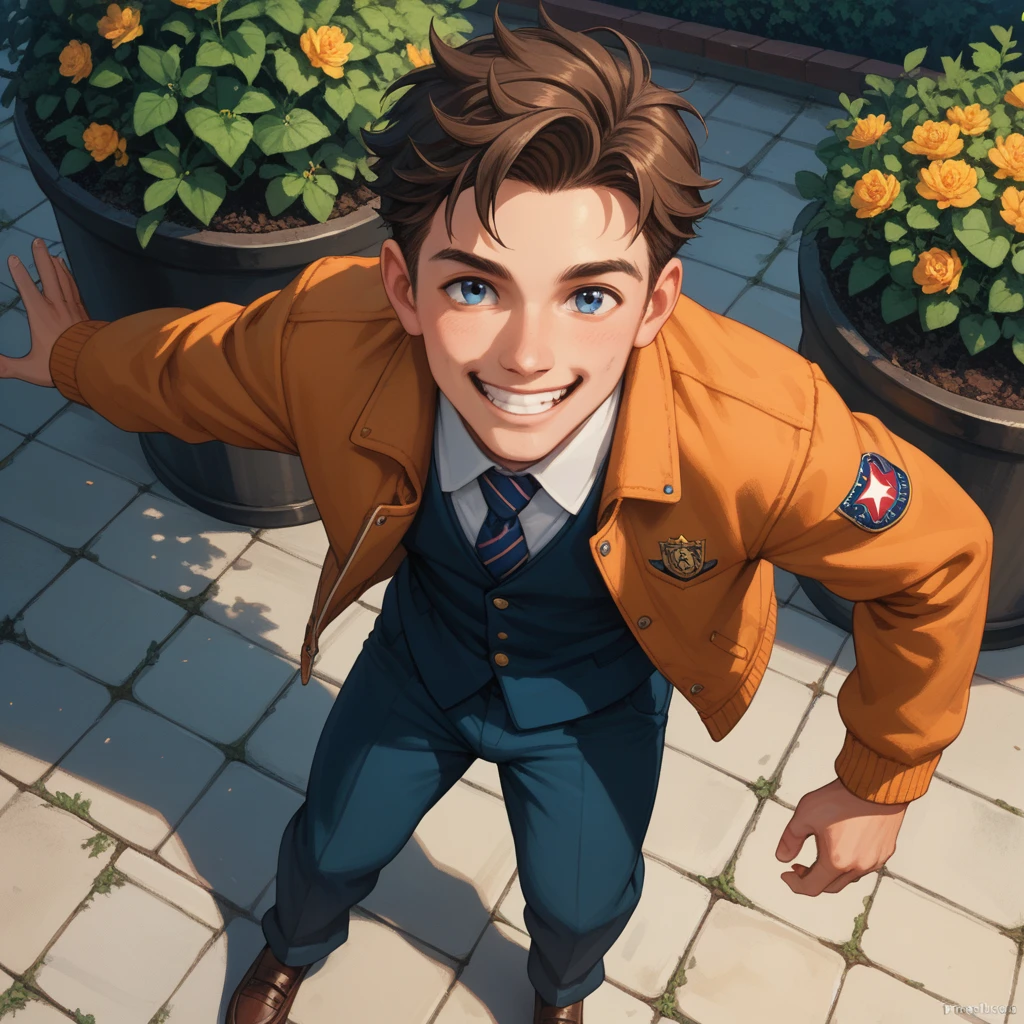 looking at viewer, from above, dynamic angle,1boy, masterpiece, best quality,  perfect anatomy, tenmaes, school uniform, jacket, (long pants:1.2), smile, happy, dynamic pose, in garden ,he had a strong personality and was always eager to explore and learn new things. he was a joy to be around and brought a smile to everyone's face, 