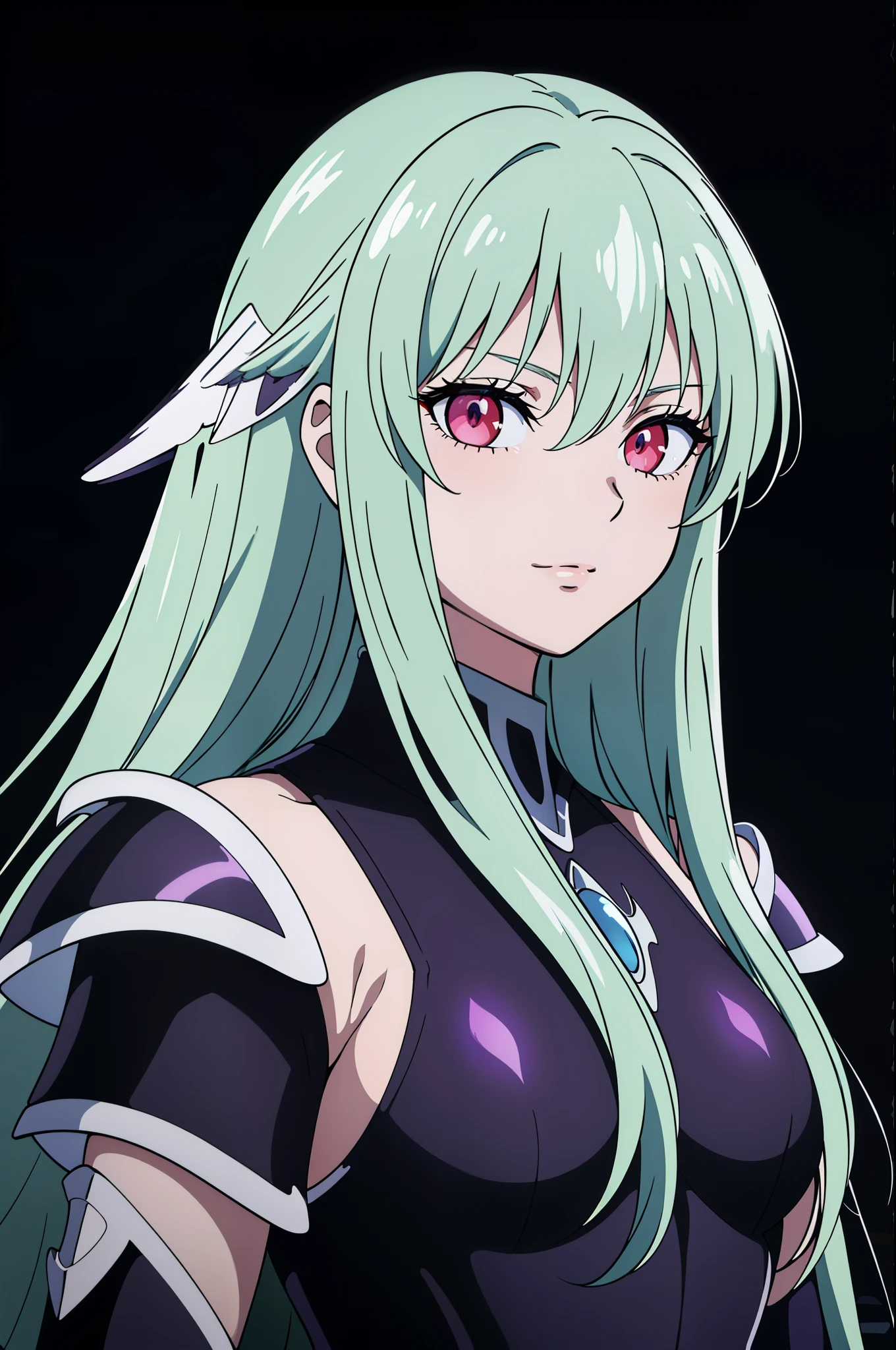 (high-quality, breathtaking),(expressive eyes, perfect face) portrait, Symmetrical Eyes, 1girl, female, solo, adult, light cyan blue hair, red coloured eyes, long hair length, side bangs, fluffy hair, looking at viewer, portrait, black background, narrow eyes, soft eerie blue lighting background, Hades Armor, Hypnos Saint Seiya Armor, Thanatos Saint Seiya Armor, Dark Purple Armor, trim, full plate, feminine face, half body shot, night sky background, ice, small smile
