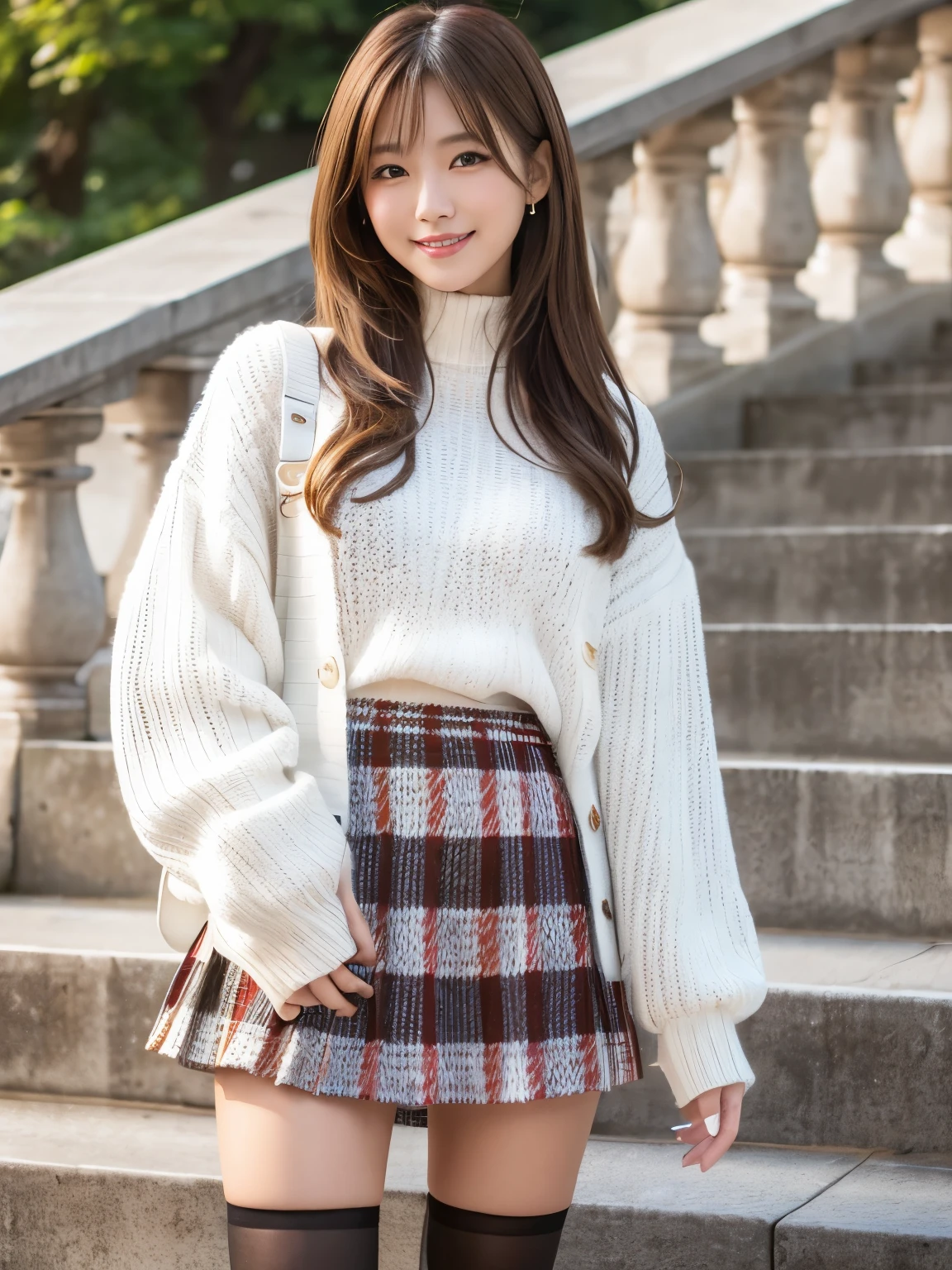 (Best Quality, 8k, 32k, Masterpiece, UHD: 1.3), Attractive Japan Woman Pictures, One Girl, Perfect Body, Ultra Detailed Face, Detailed Lips, Fine Eyes, Double Eyelids, Fashion Model, Slender, Japanese Idol, brown hair, Stylish, Realistic, Photorealistic:1.3, Beautiful Face, light brown hair, Beautiful hairstyle, (grin), (white knit:1.2), ((mini plaid skirt, kneehighs)), (Standing on the steps of the park),