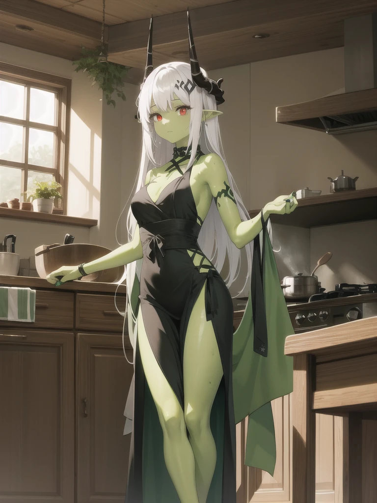 1 Girl, Miss, Mudstone (Ark of Tomorrow), Red Eyes, Solitary, Long hair, Pointed ears, White hair,Bangs, horn，whole body,  to a standing, Mudstonedefclass, HD， best quality，Skin of color，Green Skin，Sharp nails， green nails，Green Skin，Green Skin，whole body，Green Skin，Green Skin，Green Skin，Green Skin，kitchen，Black gauze dress