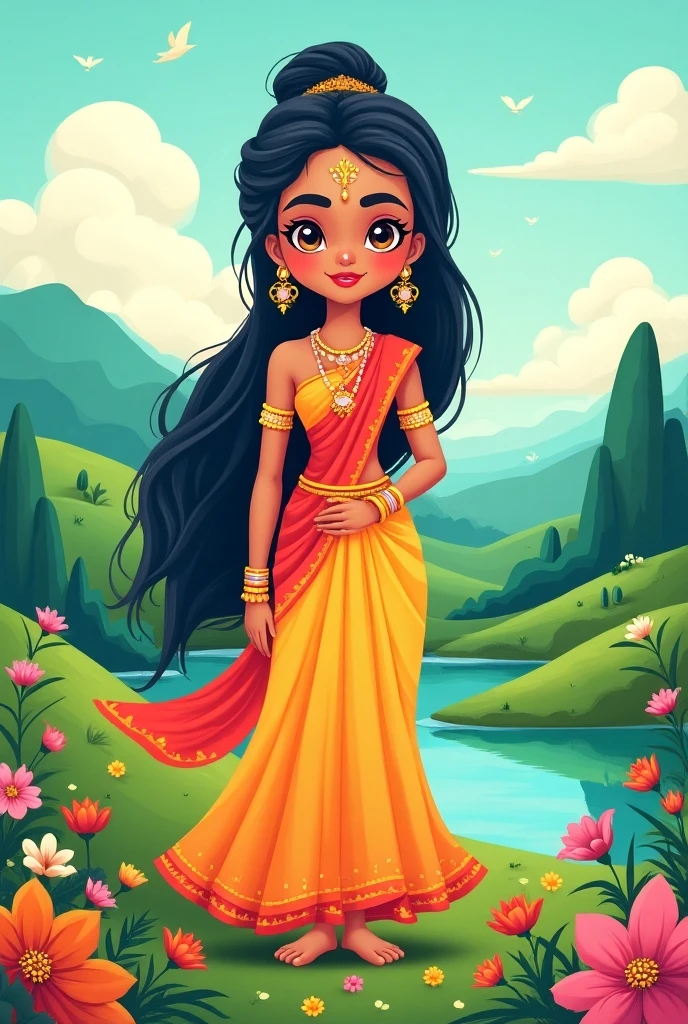 Ancient Goddess Sita cartoon picture a serene and gentle expression, symbolizing purity and devotion. She has long,dark hair, styled neatly, and large expressive eyes . Sita is dressed in a traditional Indian saree, predominantly in shades of red and gold, symbolizing her royal lineage and auspiciousness. The saree is elegantly draped, with intricate embroidery along the borders.,minimal jewellery,lotus in one hand,natural lush greenery background,hindu,old tradition