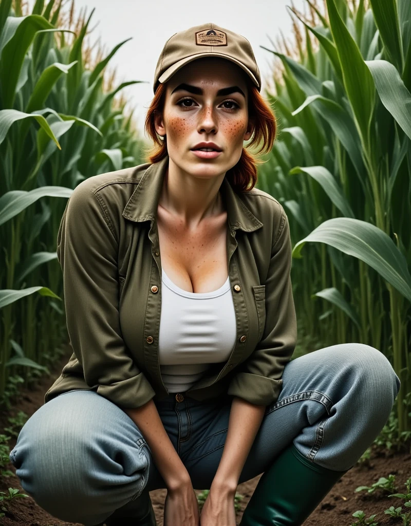 Photorealistic, cinematic style, low angle picture of a beautiful British woman kneeling in a cornfield between rows of tall corn. (Dynamic pose: 1.5), she is smiling. She has Brown eyes, downturned eye shape, light skin and freckles, reddish-brown hair. She's wearing a olive green work shirt., white tank top underneath.  Baggy stonewashed jeans, green rubber boots. Trucker cap.  The corn stalks are rising high on all sides of her, impenetrable green corn. ((Theme colour is green)). perfect hand,HDR, intricate details ,