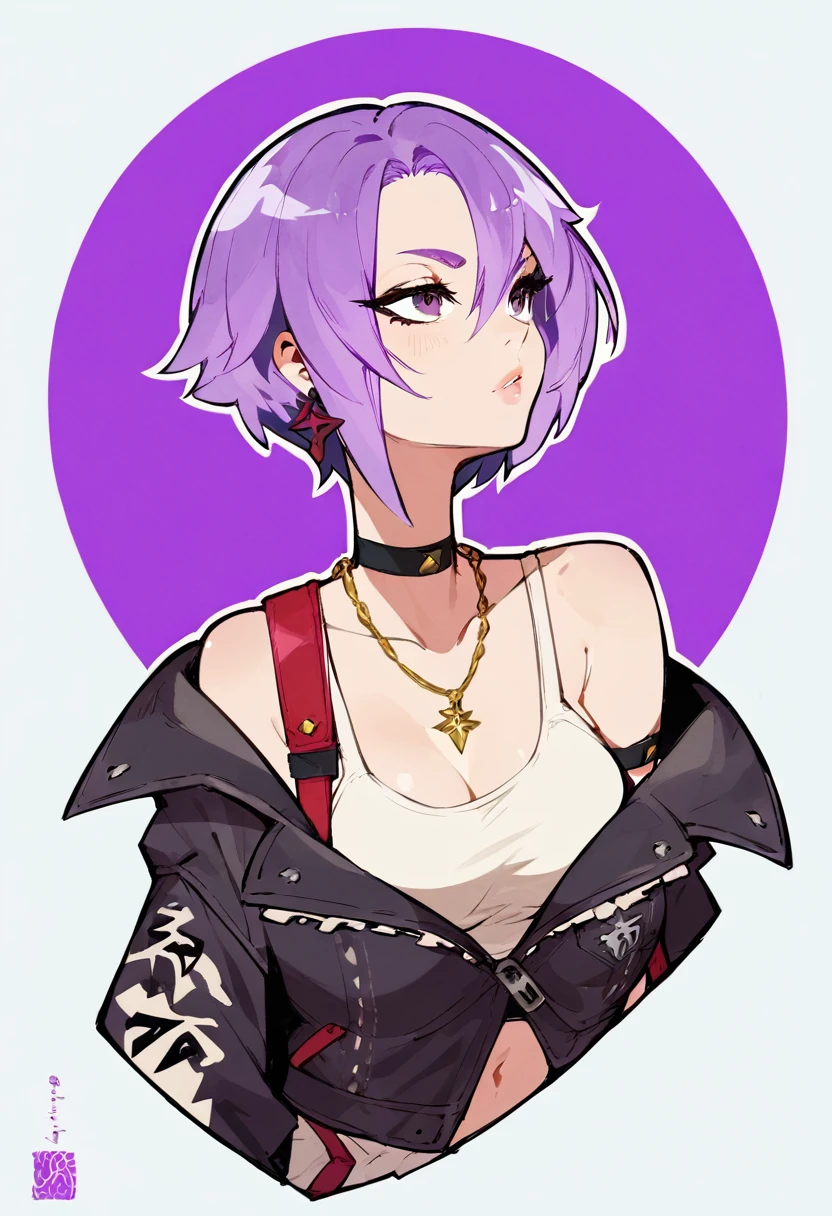 girl similar to Koleda from Zenless Zone Zero with short purple hair 
