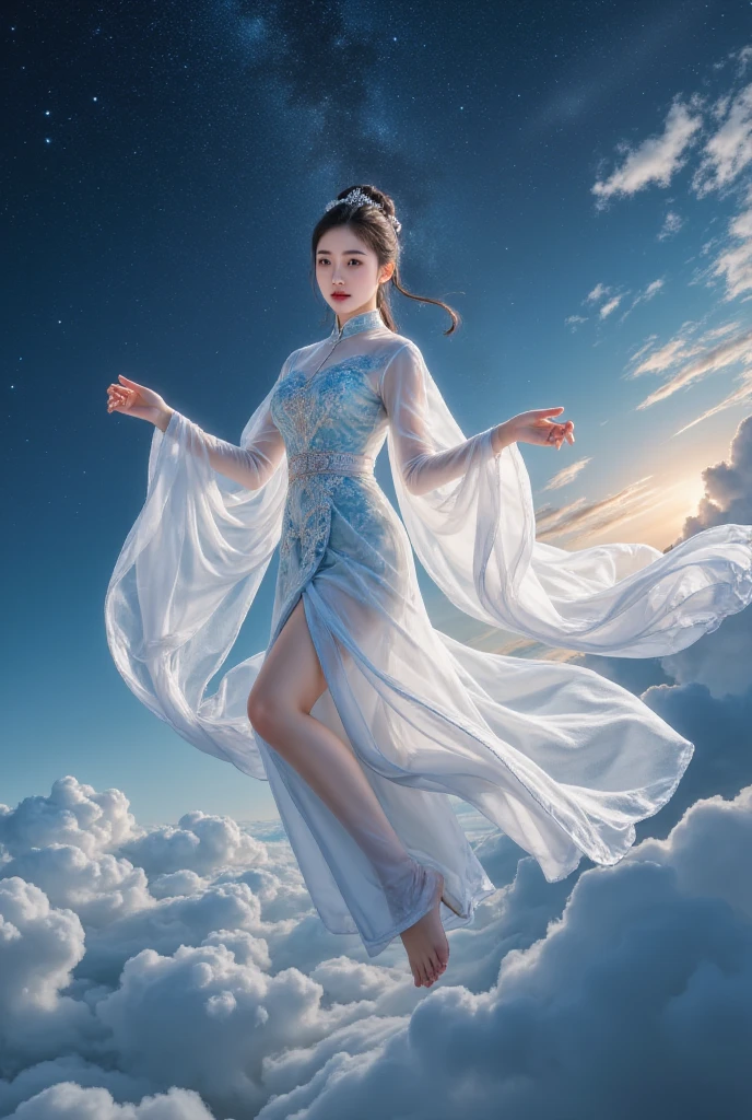 1 Girl,  Beautiful Chinese Princess ,  Flying on a Magical Flying Carpet, Night sky background, High quality,  Best quality, 8K,  super detailed , Realism, Professional,  bright colors ,   Detailed Facial Features  ,  splashing water spray , Delicate lips,   Detailed Outfit , Glowing Magical Aura , Movie Lighting,  dramatic shadows , starry night, Thin Clouds, Holy atmosphere