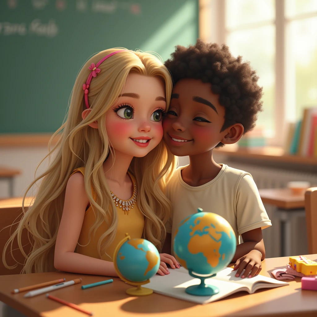 Make two little children, a blonde girl and a slightly dark-skinned boy, They are both in the same classroom, but distanced, Each one sitting at one end of the room and paying attention to the class. 