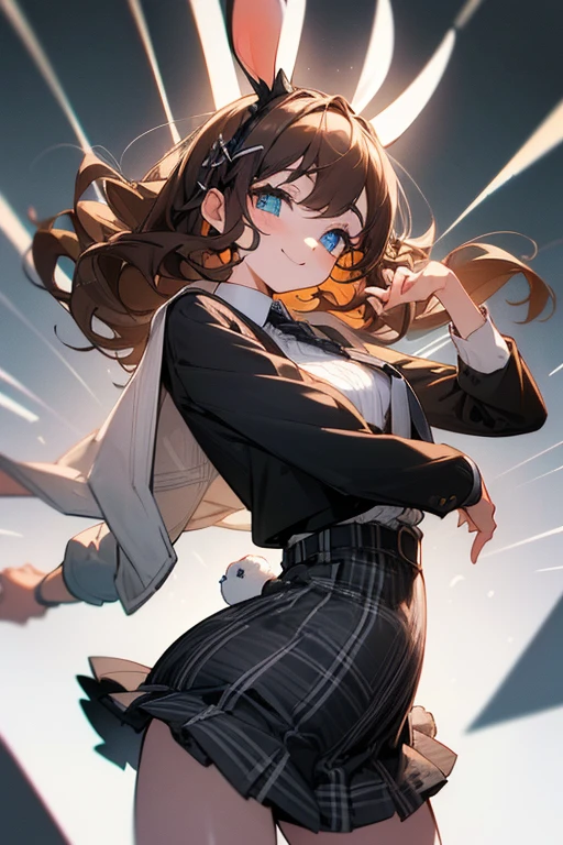 ((Masterpiece:1.5, Best Quality, High Resolution:1.3, Super Resolution, Super Detailed, Ultra Detailed:1.3, Perfect Anatomy:1.5, 1 Female) Fair skin + Very curly brown hair + Gray eyes + Long eyelashes + Female figure (Black skirt, Oversized white sweatshirt coat, Black and white plaid tie, Rabbit hairpin in her hair) ((Beautiful eyes, Happy expression))