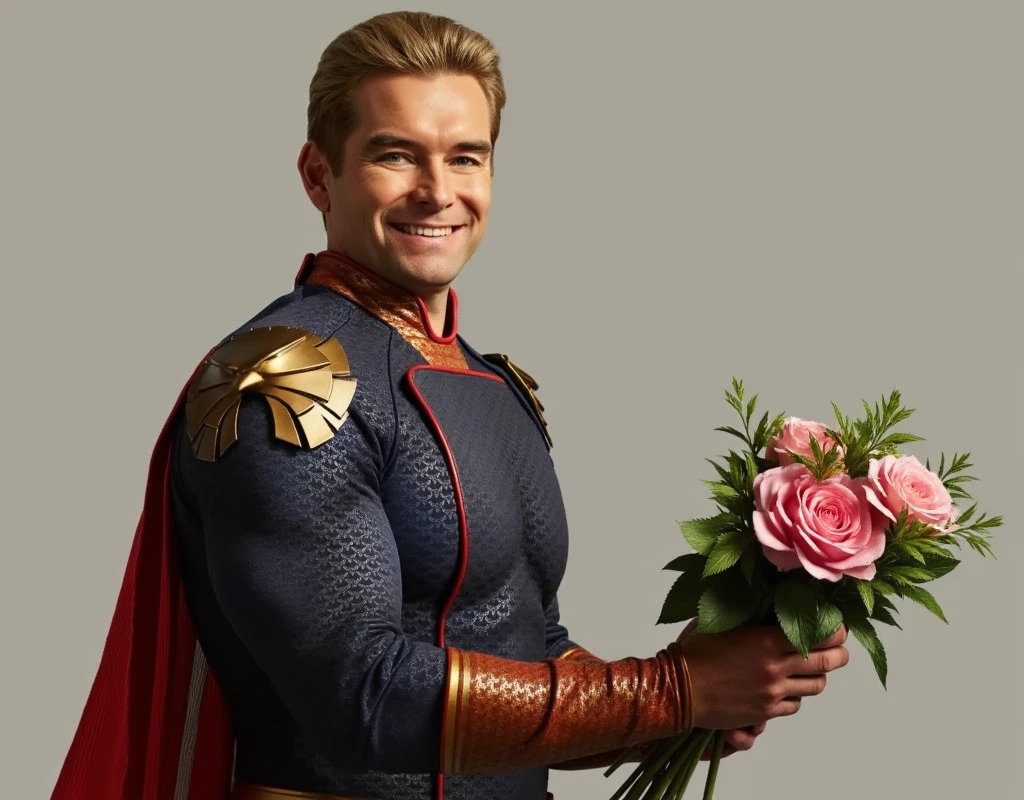 Homelander wearing a superhero outfit with a cape is offering a bouquet of flowers to the viewer and smiling lovingly into the camera, solo, 1man