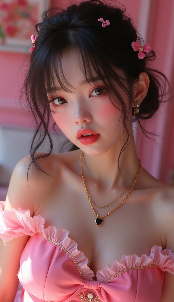 ((Highest quality, 8K, masterpiece :1.3)), (Sharp focus :1.2, Beautiful woman with perfect figure :1.4, Slim Abs :1.2), ((Big Breasts, Emphasize cleavage:1.3)), (Photorealistic:1.4), (realistic:1.4), (Short Bob Hair, Light brown hair:1.5), Highly detailed face and skin texture, Fine grain, double eyelid. Makeup face, A little bit of lipstick, necklace, Earrings, sex appeal, Sexy gravure pose, ((Stunning beauty in a pink satin nightgown。The background is a room in a luxury hotel。Staring at the camera with a charming smile。真珠のnecklaceを着け、Lying in bed、Sexy open gown pose。:1.3)