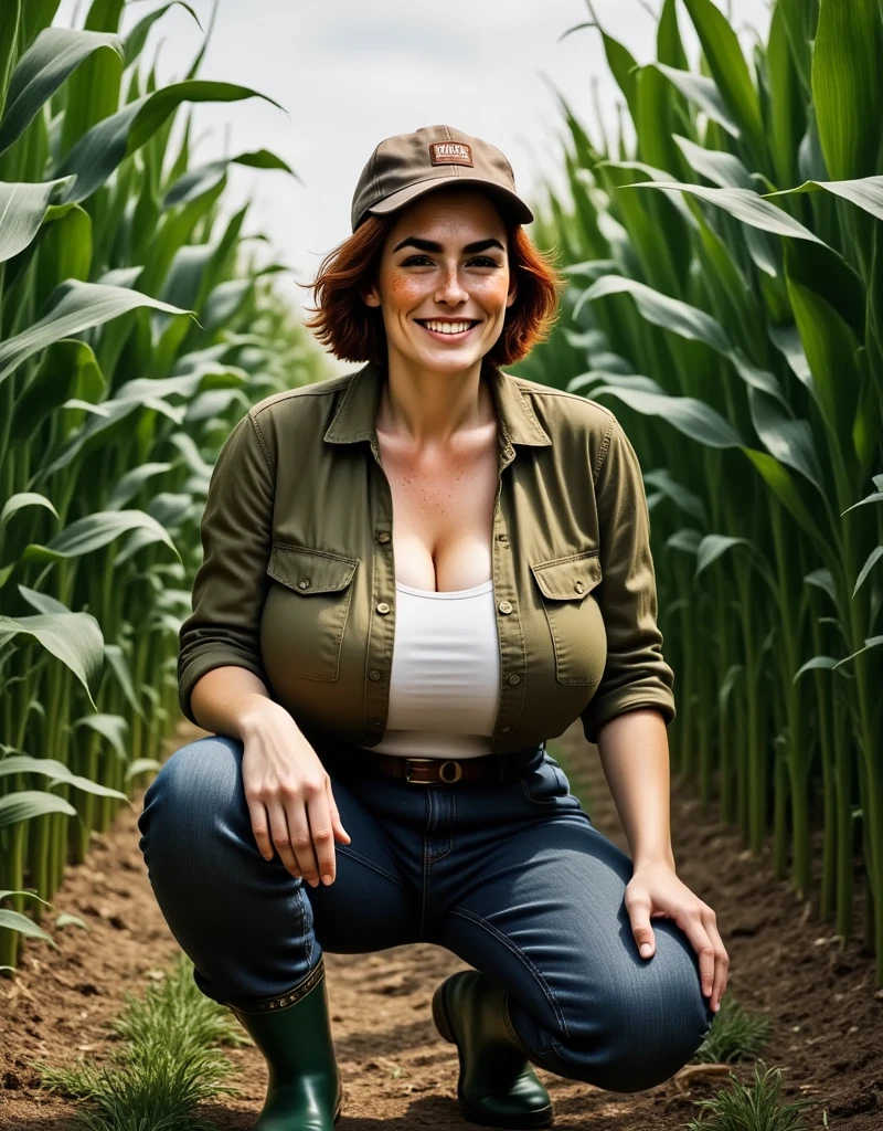 Woman working on a farm, huge breasts, naked except for Wellington boots, laughing, showing genitals 