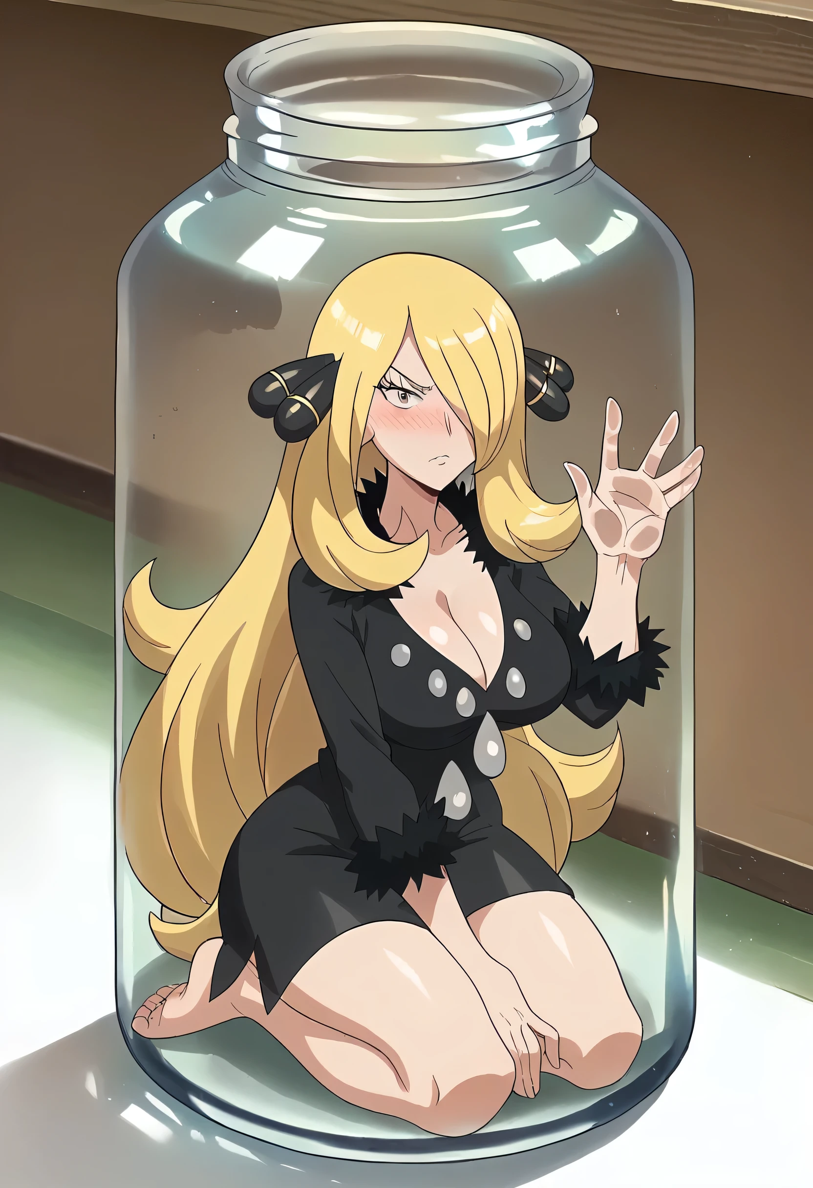 Work of art, Attention to detail, Beautiful girl, Cynthia from Pokémon ,  big breasts, black dress, serious blushing face , bare legs,  Whole body, bare feet,  trapped inside a clear glass jar,  kneeling inside the jar, bare feet, hands on the glass, full body inside the jar