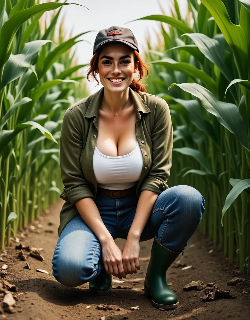 Photorealistic, cinematic style, low angle picture of a beautiful British woman kneeling in a cornfield between rows of tall corn. (Dynamic pose: 1.5), (she is smiling). She has Brown eyes, downturned eye shape, light skin and freckles, reddish-brown hair, ponytail hairstyle . She's wearing a olive green work shirt., white tank top underneath.  Baggy stonewashed jeans, green rubber boots. Trucker cap.  The corn stalks are rising high on all sides of her, impenetrable green corn. ((Theme colour is green)). perfect hand,HDR, intricate details ,