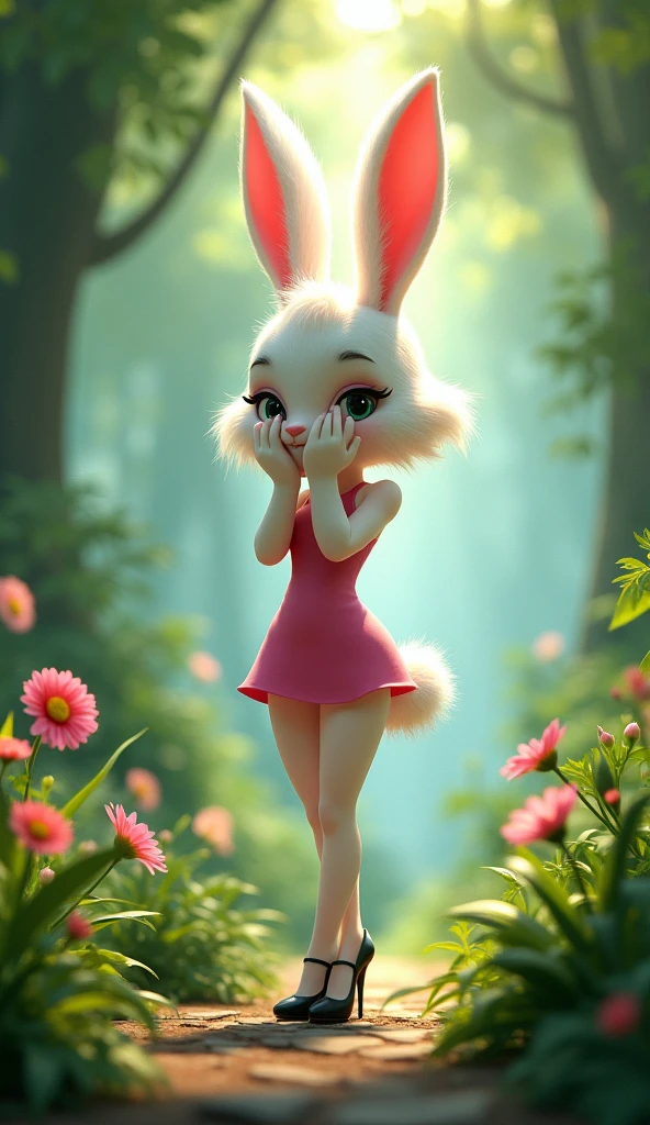 A sexy rabbit with white fur, wearing a pink dress and black heels ...