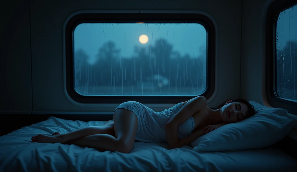 pretty asian girl, bikini, sleeping in the camper van, night, no light
