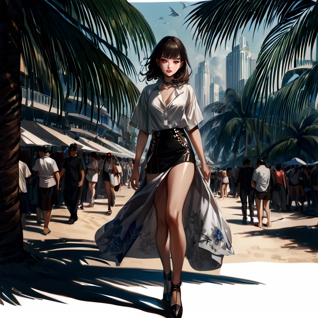 solo, full body,earrings, eyelashes, pantyhose,, (beach,(palm tree),crowd,(white shirt), floral print,red lips),sexy evocative smile,, (shiny skin:1.05),(blush:0.9),(skindentation:1.15),realistic, masterpiece, highest quality, highres,absurdres, (perfect face:1.1), (sharp focus:1.1),,  trending on ArtStation, trending on CGSociety, Intricate, High Detail, Sharp focus, dramatic,