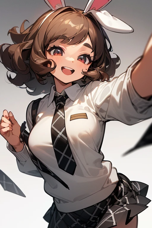 ((Masterpiece:1.5, Best Quality, High Resolution:1.3, Super Resolution, Super Detailed, Ultra Detailed:1.3, Perfect Anatomy:1.5, 1 Female) Light Skin + Very Curly Brown Hair + Gray Eyes + Long Eyelashes + Female Figure (Black Skirt, Oversized Bunny Ears Sweatshirt, Black and White Plaid Tie) ((Pretty Eyes, Cheerful Expression))