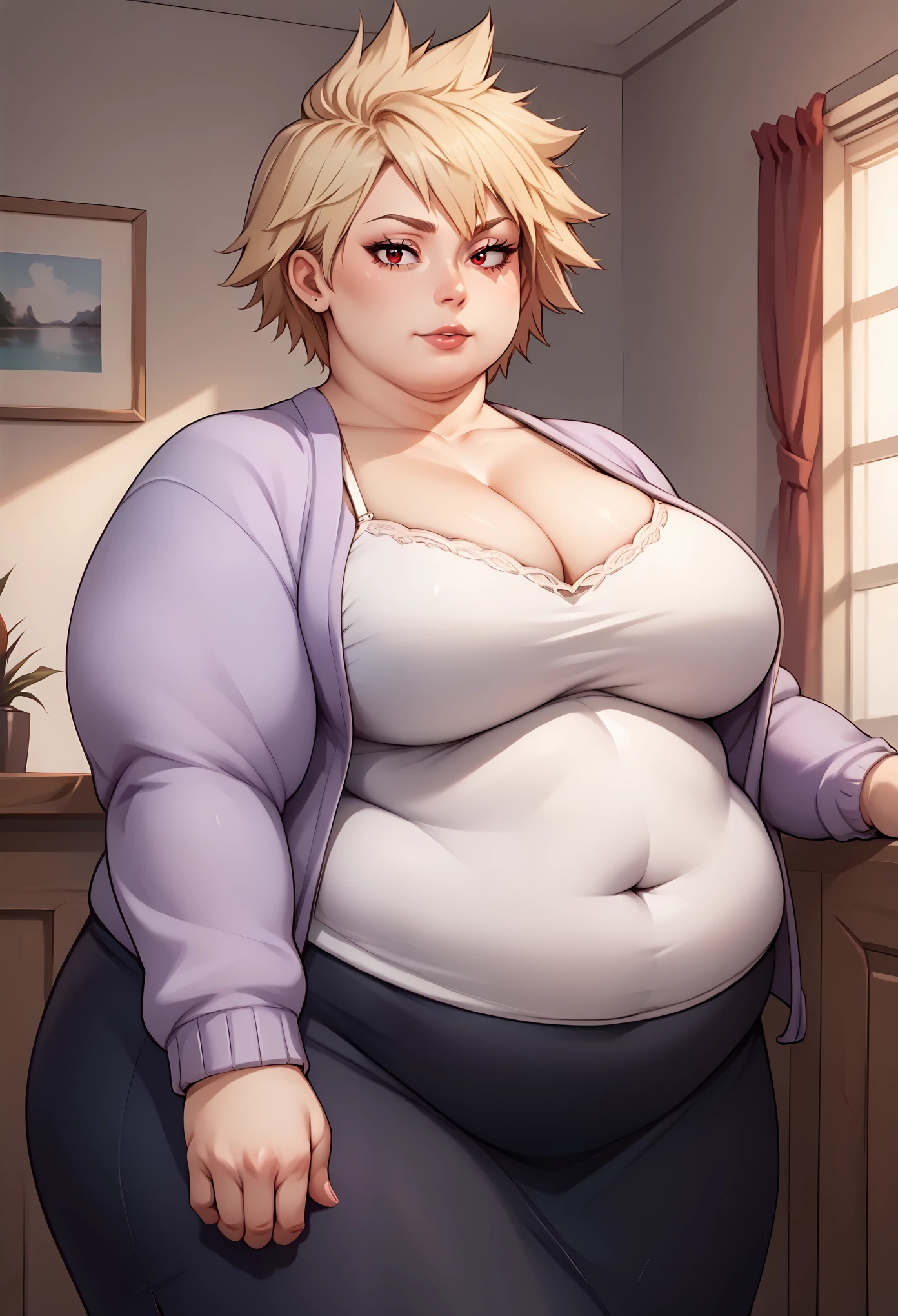 score_9, score_8_up, score_7_up, score_6_up, source_anime, 1girl, solo, mski, blonde hair, spiked hair, short hair, red eyes, mature female, purple cardigan, long sleeves, white camisole, cleavage, black skirt, large breasts, looking at viewer, indoors, fat, chubby, obese 