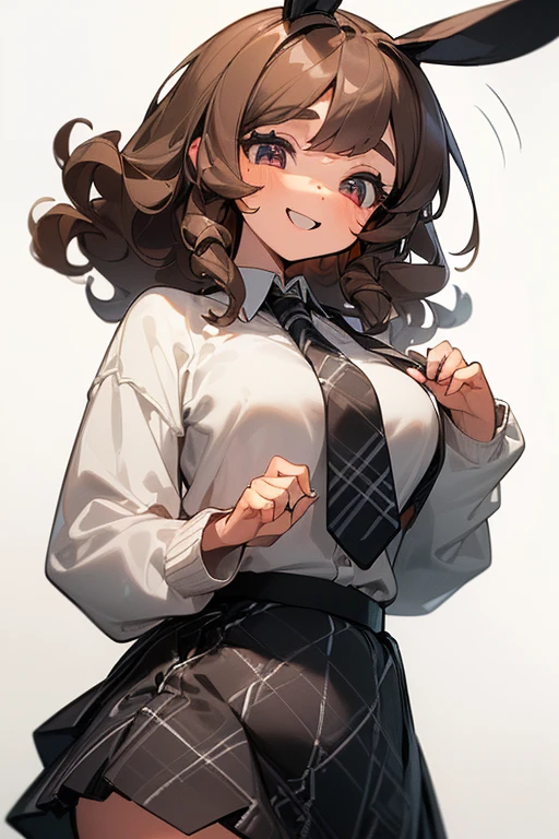 ((Masterpiece:1.5, Best Quality, High Resolution:1.3, Super Resolution, Super Detailed, Ultra Detailed:1.3, Perfect Anatomy:1.5, 1 Female) Light Skin + Very Curly Brown Hair + Gray Eyes + Long Eyelashes + Female Figure (Black Skirt, Oversized Bunny Ears Sweatshirt, Black and White Plaid Tie) ((Pretty Eyes, Cheerful Expression))