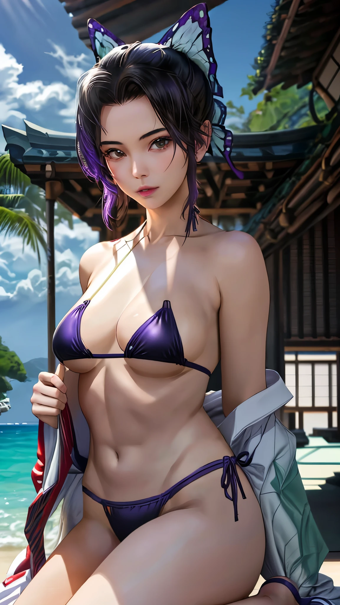 最High image quality、High image quality、最High image quality、8k、最 high res、 high res、最High image quality、masterpiece、RAW Photos、whole body photos、Detailed realistic human body 、Detailed and realistic skin、Detailed and realistic face、 realistic reproduction of all details 、Realistic lips with detailed details、Detailed and realistic teeth、Realistic ears、Realistic and detailed hair、Detailed and realistic weapons、 realistic reproduction of all details 、Detailed and realistic fingers、(Beautiful Hands、thumb1reference4)、Realistic details, even down to the toes、Realistic breasts down to the last detail、(( beautiful Japanese woman))、(Japanese Model), (Japanese women)、((Beautiful 18 year old girl))、(Girl similar to Shinobu Kocho )、(Purple Hair)、( random hairstyle ( with butterfly-shaped hair bow ))、((whole body))、((Perky and beautiful breasts))、(Stylish slim style)、(whole body glossy skin、White skin)、(Soft natural light)、Tropical countries、 resort beach、Beautiful sea、Beautiful sandy beach、、((white and green wolf (with a beautiful sea in the background))、((shiny purple leather(Bandeau Bikini、 micro bikini))、(( swimsuit that fits the skin perfectly ))、 sexy pose