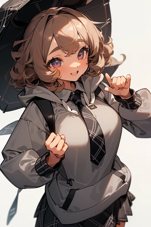 ((Masterpiece:1.5, Best Quality, High Resolution:1.3, Super Resolution, Super Detailed, Ultra Detailed:1.3, Perfect Anatomy:1.5, 1 Female) Light Skin + Very Curly Brown Hair + Gray Eyes + Long Eyelashes + Female Figure (Black Skirt, Oversized Hooded Sweatshirt with Bunny Ears, Black and White Plaid Tie) ((Pretty Eyes, Cheerful Expression))