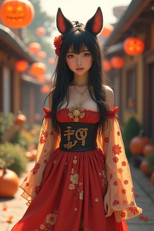 Japanese woman in her 20s wearing a full body Halloween costume