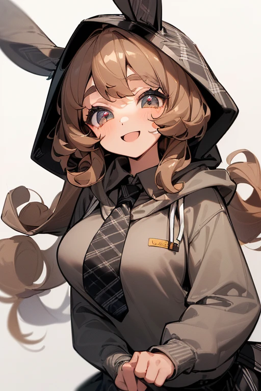 ((Masterpiece:1.5, Best Quality, High Resolution:1.3, Super Resolution, Super Detailed, Ultra Detailed:1.3, Perfect Anatomy:1.5, 1 Female) Light Skin + Very Curly Brown Hair + Gray Eyes + Long Eyelashes + Female Figure (Black Skirt, Oversized Hooded Sweatshirt with Bunny Ears, Black and White Plaid Tie) ((Pretty Eyes, Cheerful Expression))