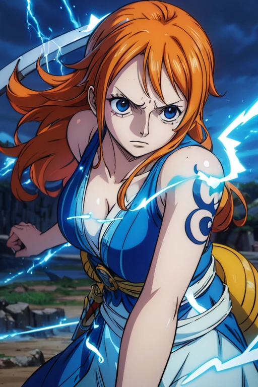  (Best Quality, 4K, 8k,  High Resolution , masterpiece:1.2), Super detailed, (Realistic, photoRealistic, photo-Realistic:1.37),  Preserving Anime Style ,Nami from One Piece,Brave look,Pale orange hair ,Left shoulder tattoo,Large Breasts, knight,knightの鎧,shield,Wield a blue sword,He is a capable thunder magic swordsman,Wears a blue aura , A world where blue lightning and light sources shine,(The destructive power of a thunder magic sword )